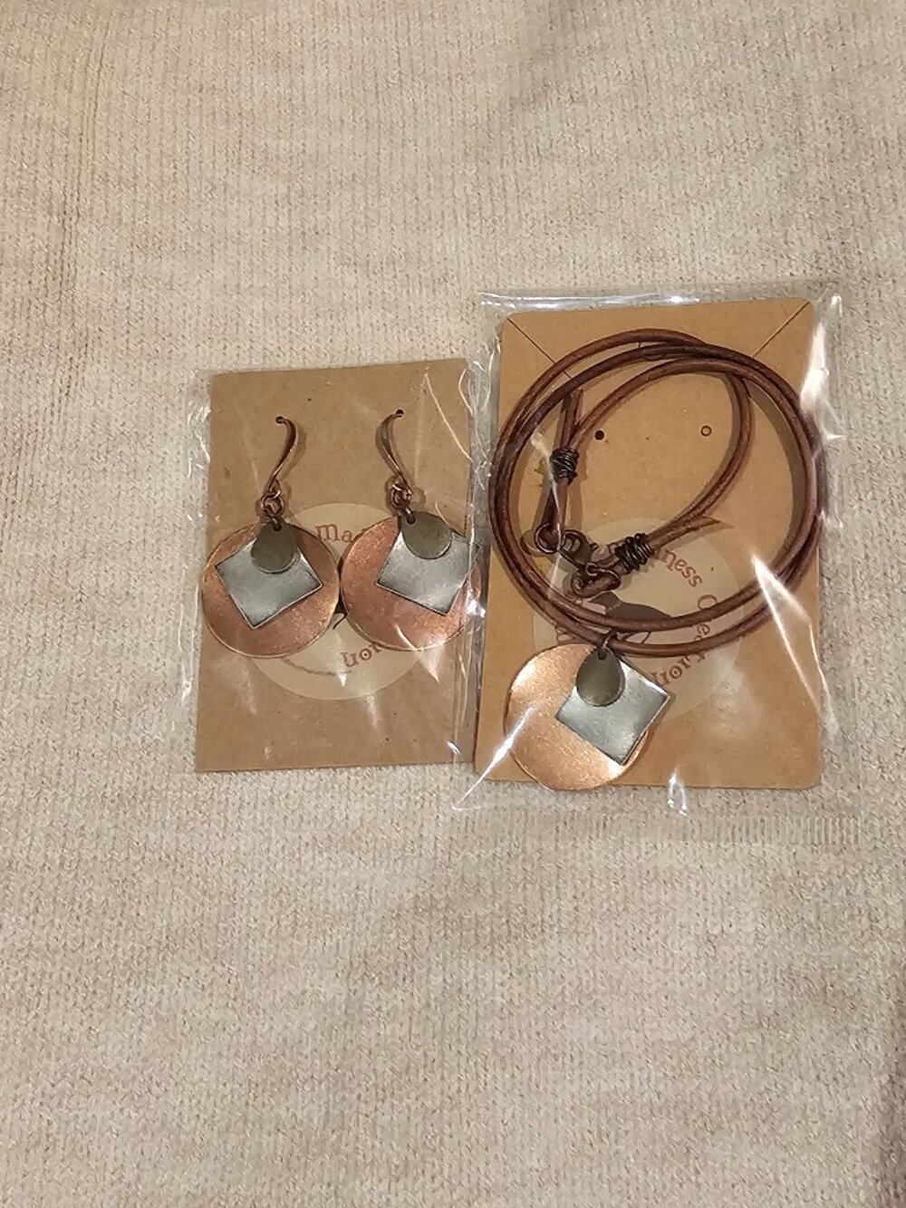 Mixed Metals Leather Necklace & Earring Set: Steampunk Copper Brass Silver